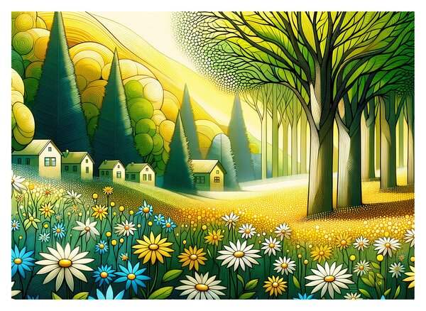 Obraz - Dedina v žlto-zelenej (70x50 cm)