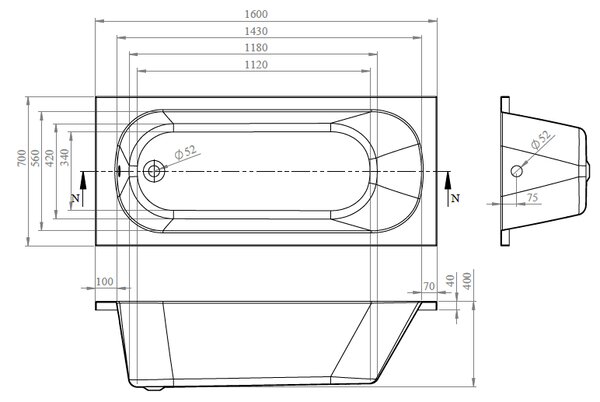 Vima 705 GALAKTA - Vaňa 1600x700 mm, biela