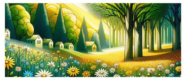 Obraz - Dedina v žlto-zelenej (120x50 cm)