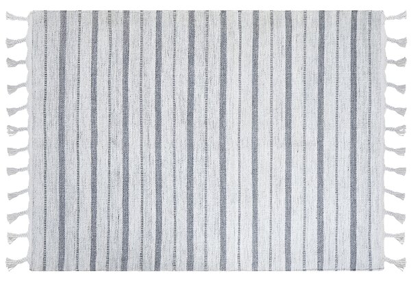 Koberec biely a sivý 140 x 200 cm pruhovaný vzor so strapcami moderná obývacia izba spálňa