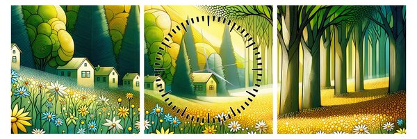 Obraz - Dedina v žlto-zelenej (s hodinami) (90x30 cm)