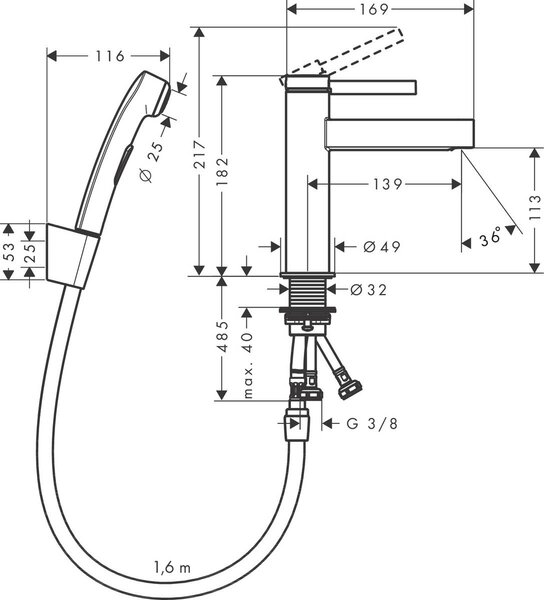 Hansgrohe Finoris - Páková umývadlová batéria 110 s ručnou sprchou Bidette a sprchovou hadicou 160 cm, chróm 76210000