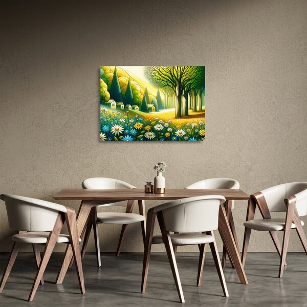 Sklenený obraz - Dedina v žlto-zelenej (70x50 cm)