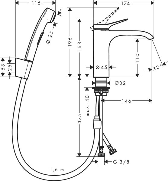 Hansgrohe Vivenis - Páková umývadlová batéria s ručnou sprchou Bidette a sprchovou hadicou 160 cm, chróm 75210000