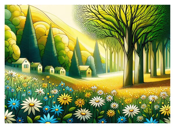 Sklenený obraz - Dedina v žlto-zelenej (70x50 cm)