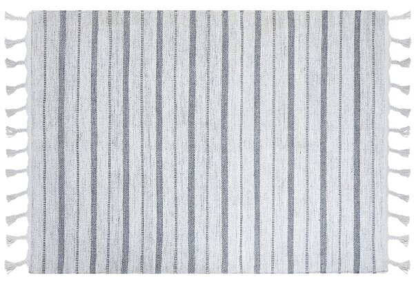Koberec biely a sivý 160 x 230 cm pruhovaný vzor so strapcami moderná obývacia izba spálňa