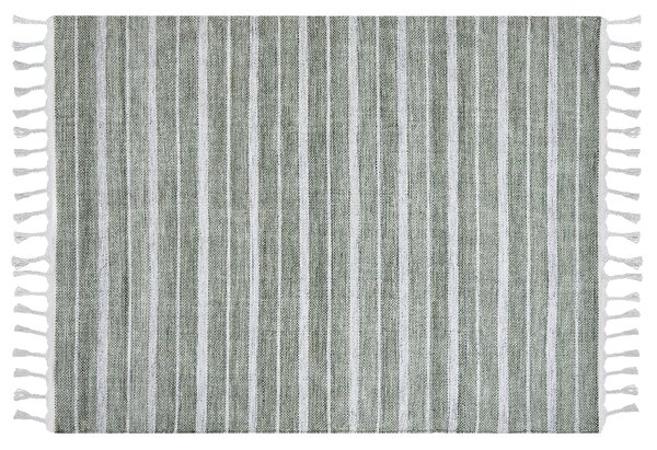 Koberec zelený a biely 140 x 200 cm pruhovaný vzor so strapcami moderná obývacia izba spálňa