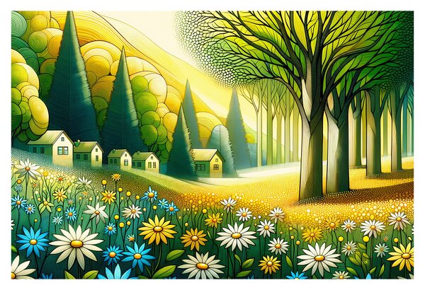 Obraz - Dedina v žlto-zelenej (90x60 cm)