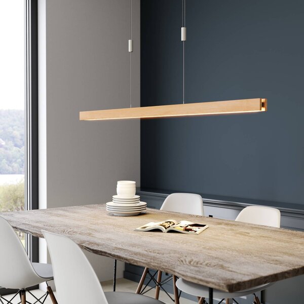 Quitani LED závesná lampa Alin, dĺžka 138 cm, prírodný dub, Svetlé drevo, Obývacia izba / jedáleň, Drevo, Moderný, Závesné svietidlo
