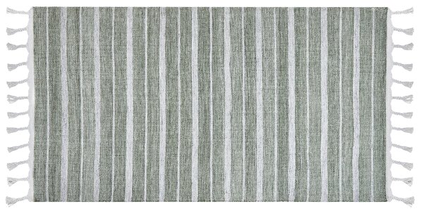 Koberec zelený a biely 80 x 150 cm pruhovaný vzor so strapcami moderná obývacia izba spálňa