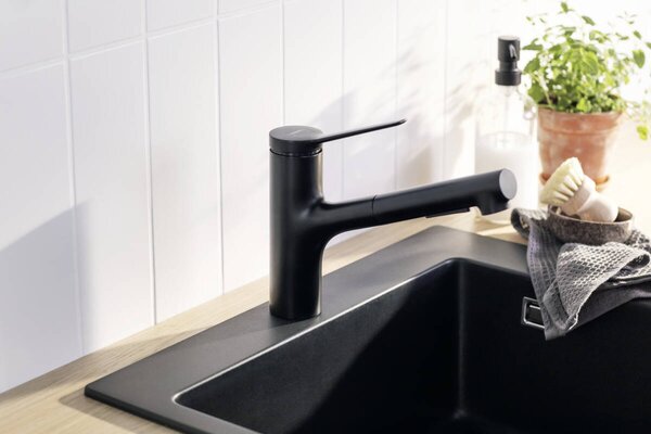 Hansgrohe Zesis M33 - Páková kuchynská batéria 150, vyťahovacia sprška, 2jet, čierna matná 74800670