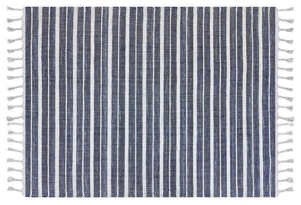 Koberec modrý a biely 140 x 200 cm pruhovaný vzor so strapcami moderná obývacia izba spálňa