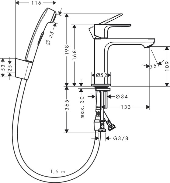 Hansgrohe Rebris S - Páková umývadlová batéria 110 s ručnou sprchou Bidette a sprchovou hadicou 160 cm, bez odtokovej súpravy, čierna matná 72215670