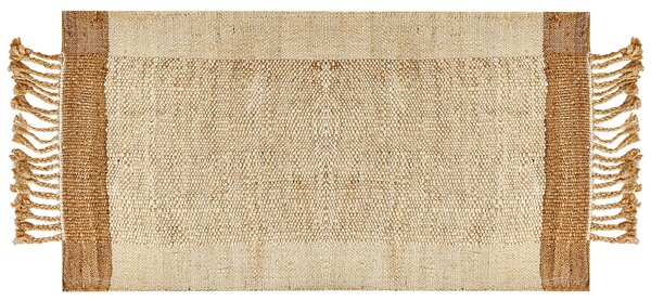 Koberec béžový jutový 80 x 150 cm obdĺžnikový ručne tkaný so strapcami boho dizajn spálňa obývacia izba