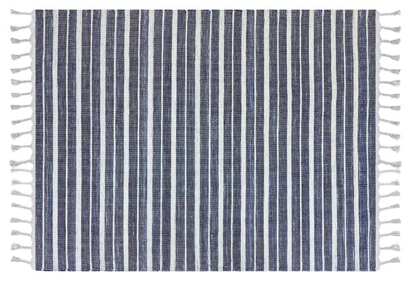 Koberec modrý a biely 160 x 230 cm pruhovaný vzor so strapcami moderná obývacia izba spálňa
