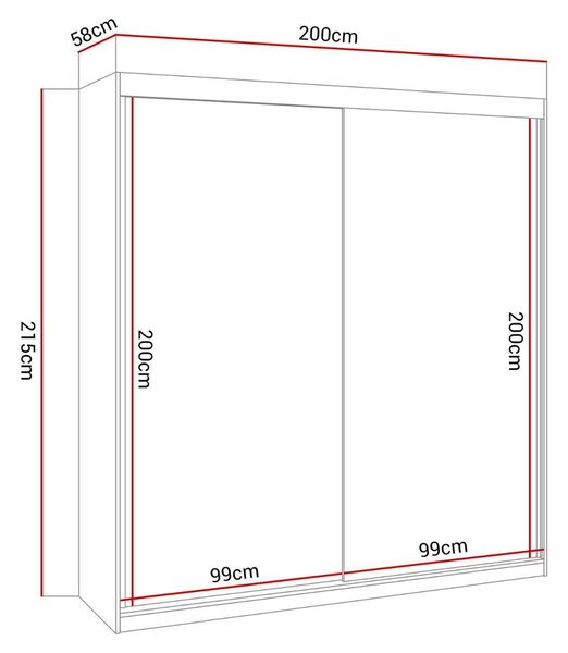 Šatníková skriňa s posuvnými dverami MARBELA Bielý lesk 200 x 215 x 58