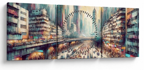 Obraz - Život veľkomesta (s hodinami) (90x30 cm)