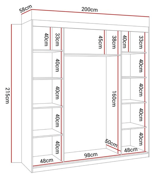 Šatníková skriňa s posuvnými dverami MARBELA Bielý lesk 200 x 215 x 58