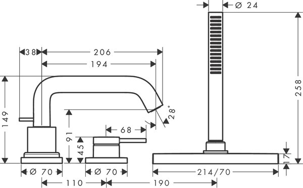 Hansgrohe Tecturis S - 3-otvorová batéria na okraj vane, chróm 73447000