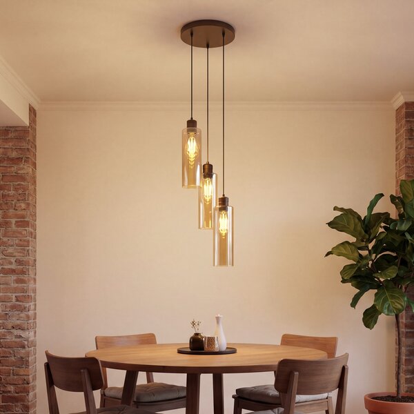 Hotelová elegantná závesná lampa tmavý bronz s jantárovým sklom 3-svetlá - Stavelot