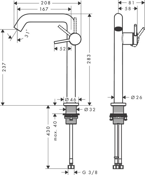 Hansgrohe Tecturis S - Páková batéria pre umývadlovú misu 240 Fine CoolStart EcoSmart+ s odtokovou súpravou, chróm 73370000