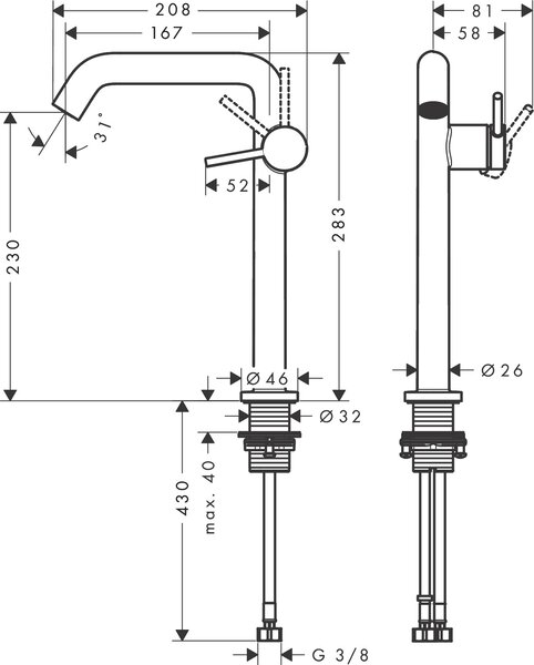 Hansgrohe Tecturis S - Páková batéria pre umývadlovú misu 240 Fine CoolStart EcoSmart+ bez odtokovej súpravy, kartáčovaný bronz 73372140