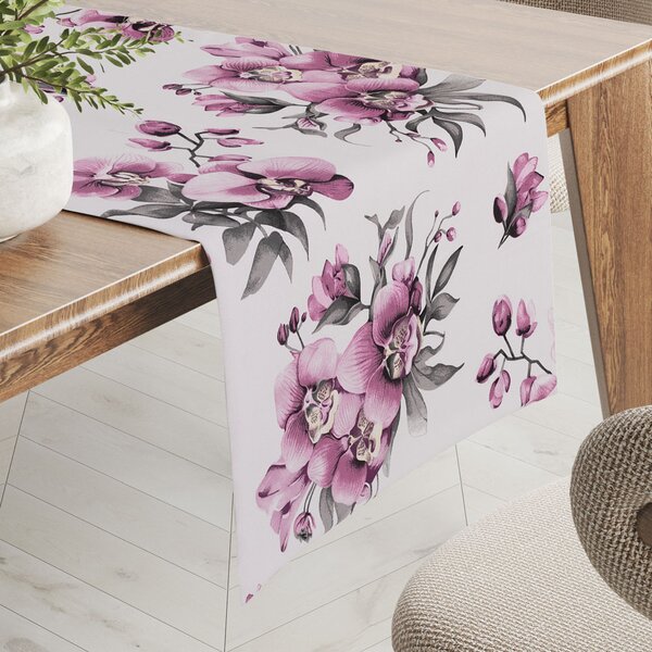 Biante Bavlnený behúň na stôl Sandra SA-623 Lila orchidey na bielom 20x120 cm