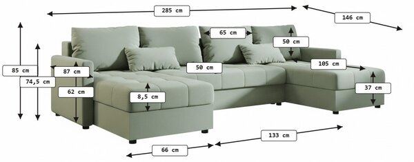Rozkladacia sedacia súprava do U VENORIA 285x146 cm, svetlozelená + 2 vankúšiky ZDARMA