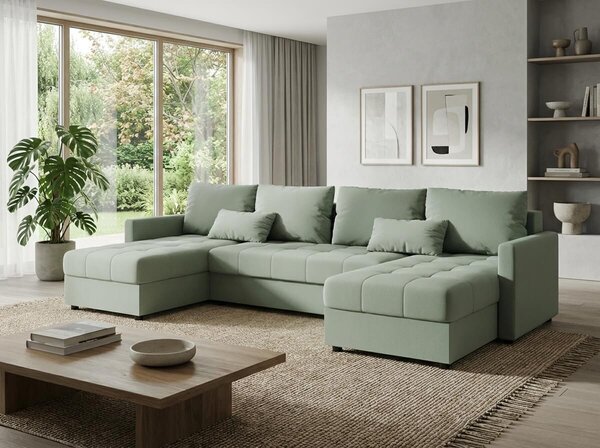 Rozkladacia sedacia súprava do U VENORIA 285x146 cm, svetlozelená + 2 vankúšiky ZDARMA