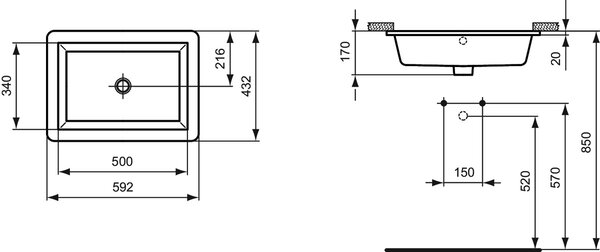 Ideal Standard Strada - Umývadlo pod dosku 595x435 mm, s prepadom, biela K077901