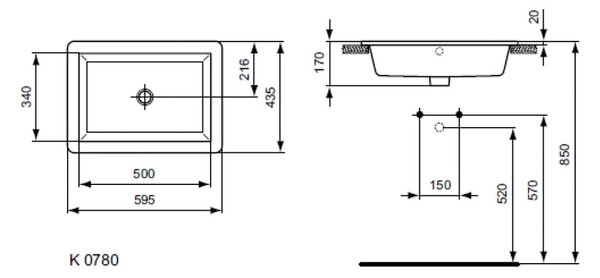 Ideal Standard Strada - Umývadlo zápustné 595x435 mm, s prepadom, biela K078001