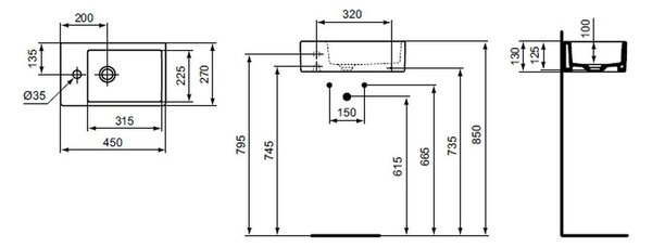 Ideal Standard Strada - Umývadielko 450x270 mm, s otvorom vľavo, bez prepadu, biela K081701