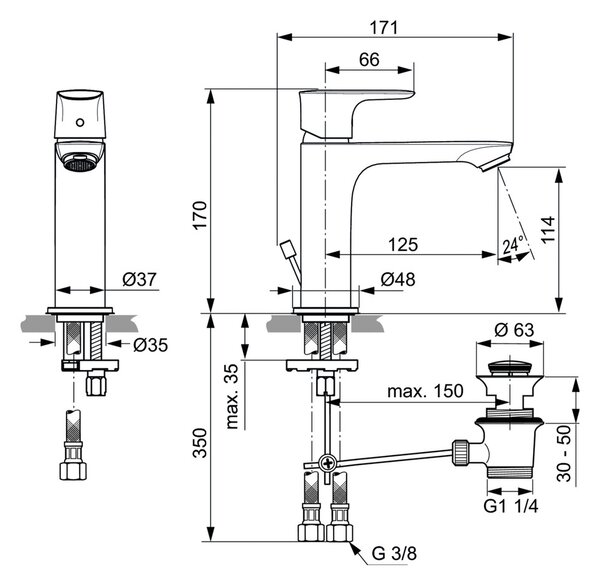 Ideal Standard Connect Air - Umývadlová batéria stojánková Slim Grande s odtokovou garnitúrou, chróm A7012AA