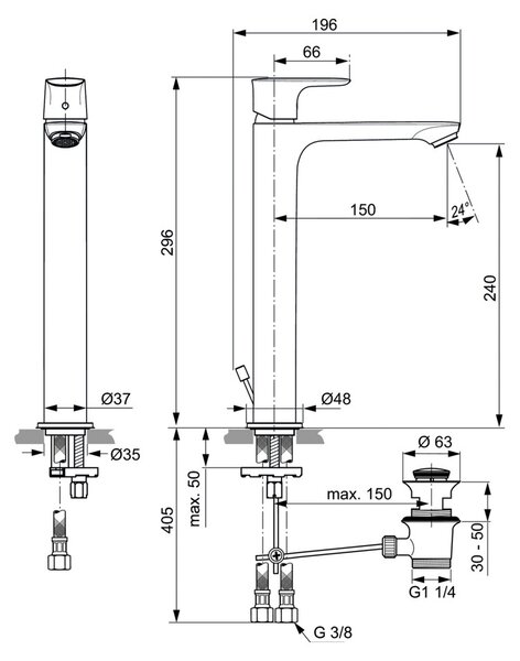 Ideal Standard Connect Air - Umývadlová batéria stojanková vysoká Slim s odtokovou garnitúrou, chróm A7025AA