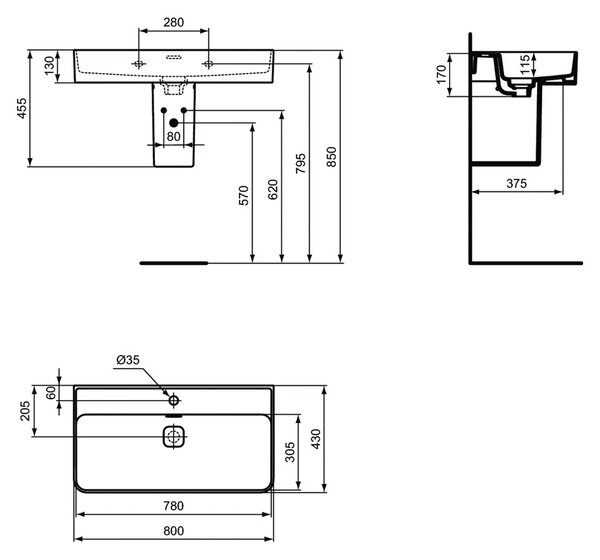 Ideal Standard Strada II - Umývadlo 800x430 mm, s prepadom, biela T300101