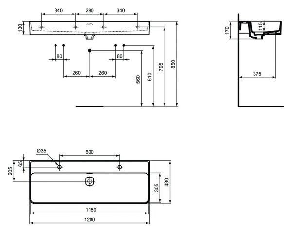 Ideal Standard Strada II - Umývadlo 1200x430 mm, 2 otvory na batériu, s prepadom, biela T359501