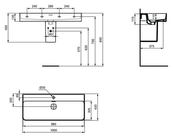 Ideal Standard Strada II - Umývadlo 1000x430 mm, s prepadom, biela T364601