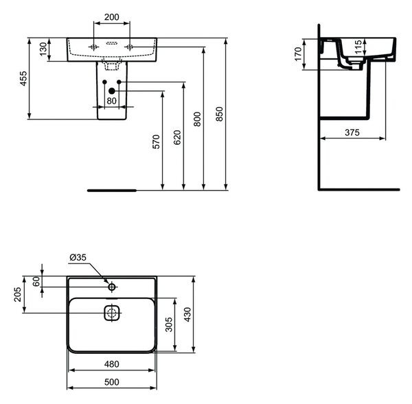 Ideal Standard Strada II - Umývadlo 500x430 mm, brúsené, s prepadom, biela T364301