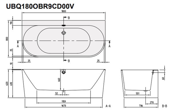 Villeroy & Boch Oberon 2.0 Duo - Vaňa pre pristavenie ku stene 1800x800 mm, Quaryl, vrátane odpadu a prepadu, alpská biela UBQ180OBR9CD00V-01