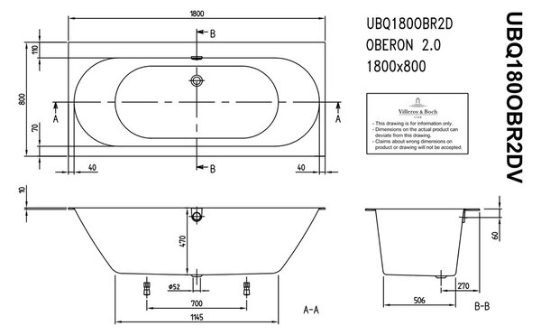 Villeroy & Boch Oberon 2.0 Duo - Vaňa 1800x800 mm, alpská biela UBQ180OBR2DV-01