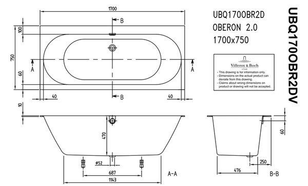 Villeroy & Boch Oberon 2.0 Duo - Vaňa 1700x750 mm, alpská biela UBQ170OBR2DV-01