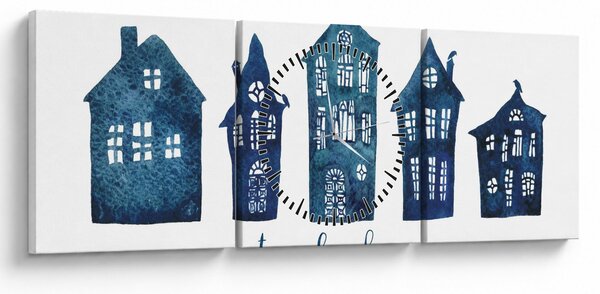 Obraz - Modré akvarelové domčeky (s hodinami) (90x30 cm)