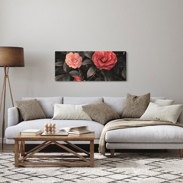 Obraz - Červené kvety na tmavom pozadí (120x50 cm)