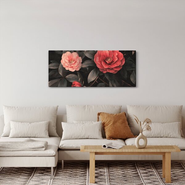 Obraz - Červené kvety na tmavom pozadí (120x50 cm)