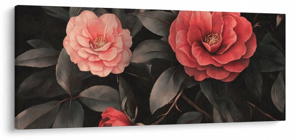 Obraz - Červené kvety na tmavom pozadí (120x50 cm)