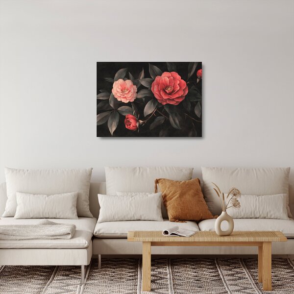 Sklenený obraz - Červené kvety na tmavom pozadí (70x50 cm)