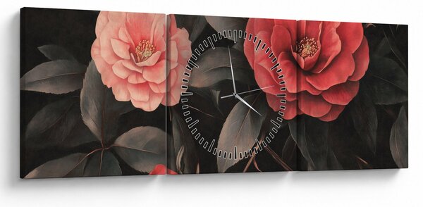 Obraz - Červené kvety na tmavom pozadí (s hodinami) (90x30 cm)