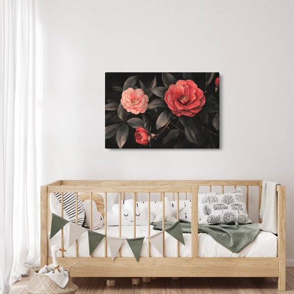 Obraz - Červené kvety na tmavom pozadí (90x60 cm)