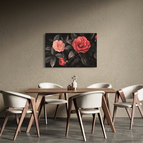 Obraz - Červené kvety na tmavom pozadí (90x60 cm)