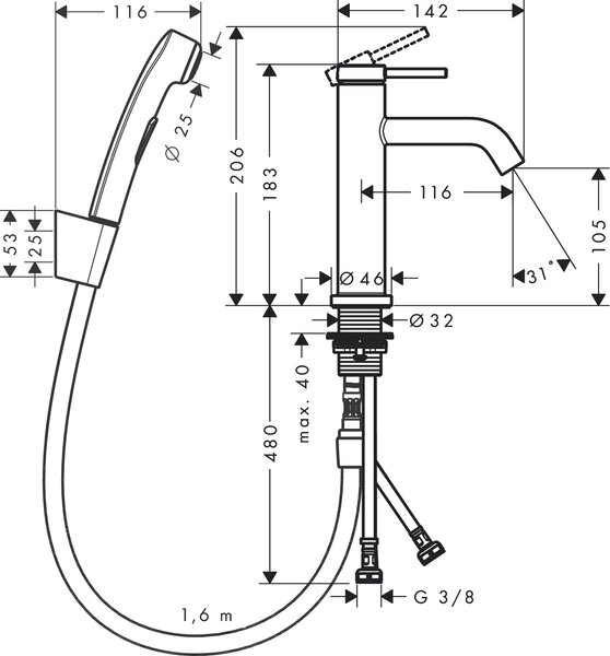 Hansgrohe Tecturis S - Páková umývadlová batéria 110 s ručnou sprchou Bidette, čierna matná 73211670